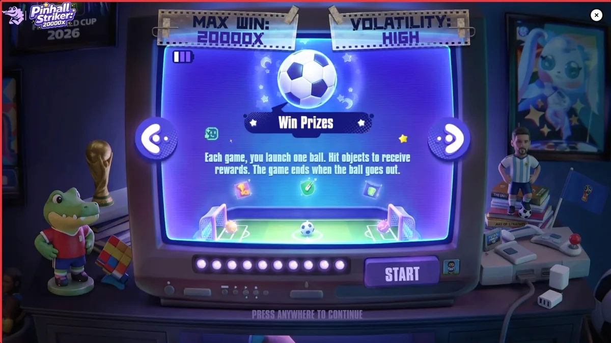 Tampilan visual stadion neon dalam permainan slot Pinball Striker 20,000x